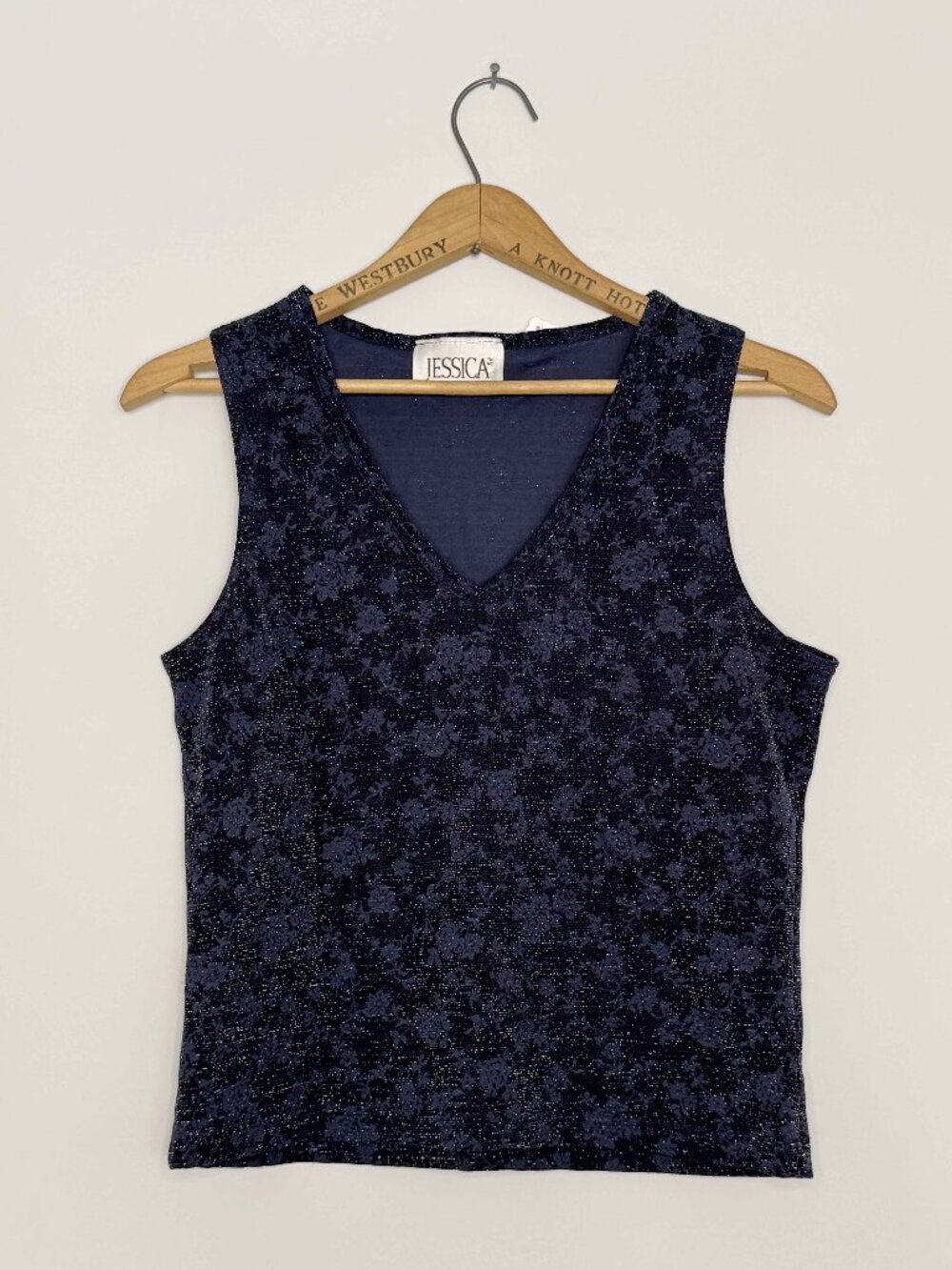 Vtg 90s Jessica navy shimmery whimsigoth witchy floral v-neck preppy tank / sz M